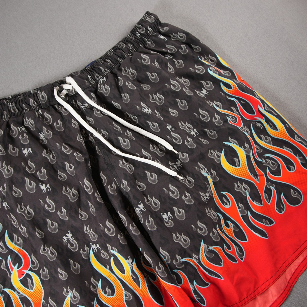 Y2K Big Dogs Flame Print Mesh Lined Men Swim Trunks 1X Skater Fire Retro Surf